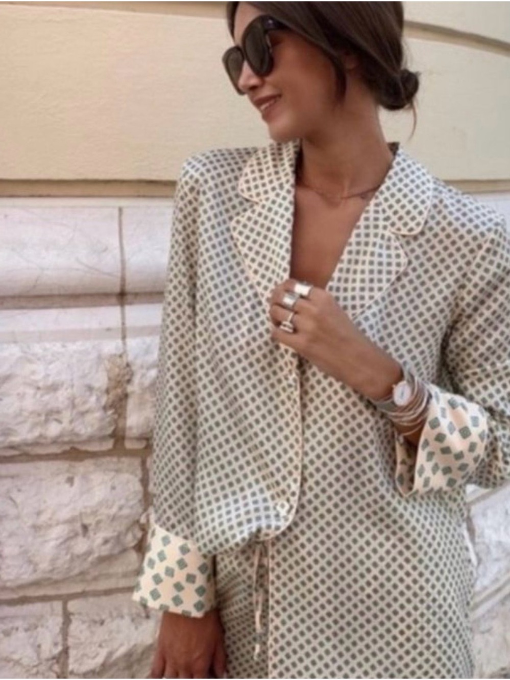 Zara Cream Blouse with Sage Geometric Print